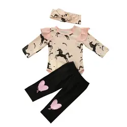 Комплект для новорожденных из 3 предметов, для девочек с единорогом комбинезон, штаны повязка на голову, одежда Детский комплект, с длинными