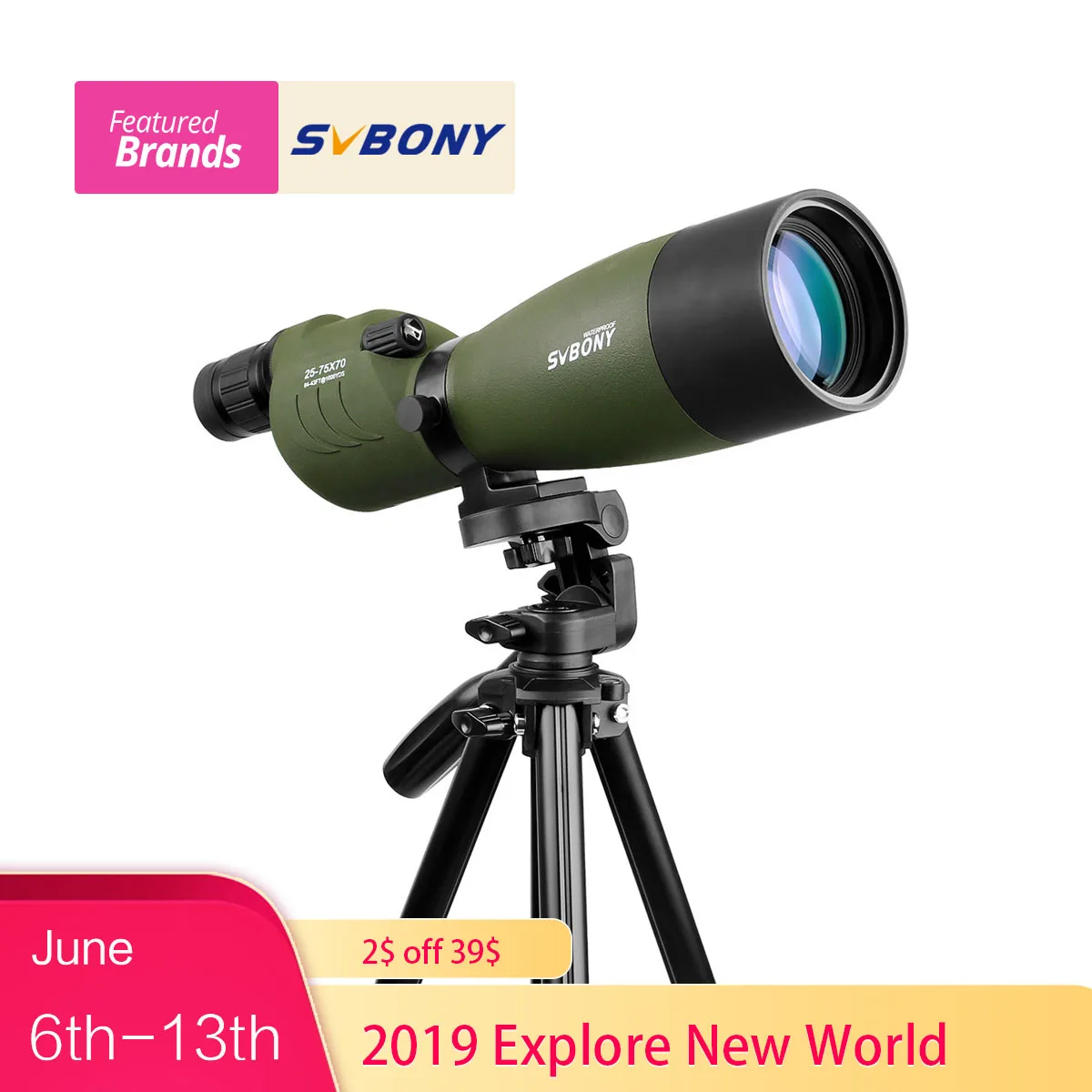 

SVBONY SV17 Spotting Scope 25-75x70 mm Zoom Nitrogen 180 De for Target Hunting Archery Telescope with Long 49 inch Tripod F9326G