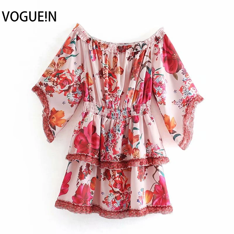 

VOGUEIN New Womens Summer Ruffled Detail Floral Print Elastic Slash Neck Mini Dress Wholesale