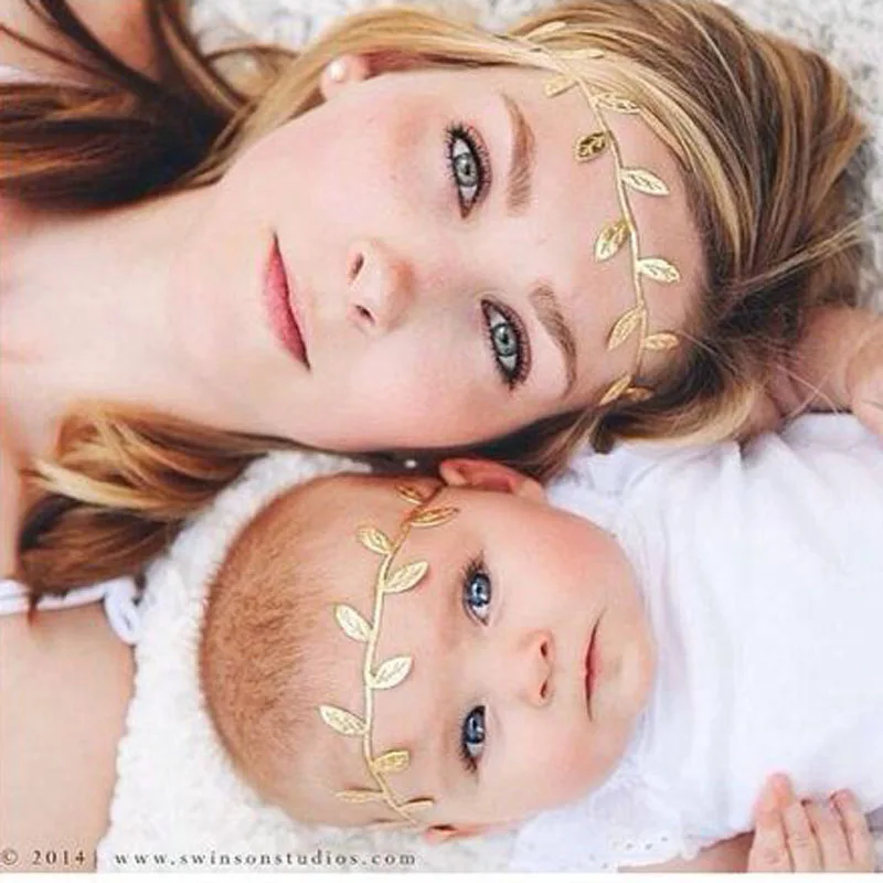1set Mommy and Me Gold Silver Leaf Headband Set For Hair accessories Peace Olive branch Baby