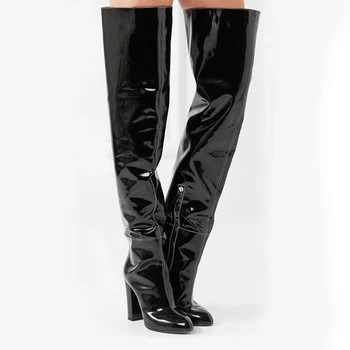 

Autumn Winter Fashion Ladies Shoes Round Toe Square Heel Thigh High Boots Women Plain Black Patent Leather Over The Knee Boots