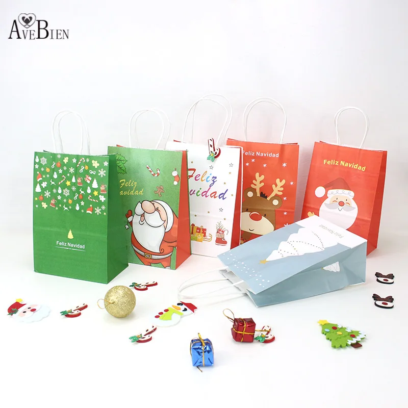 

20pcs/lot Festival Gift Kraft Paper Bag Shopping Bags Feliz navidad Santa Claus Merry Christmas Paper Bag With Handles 21x15x8cm