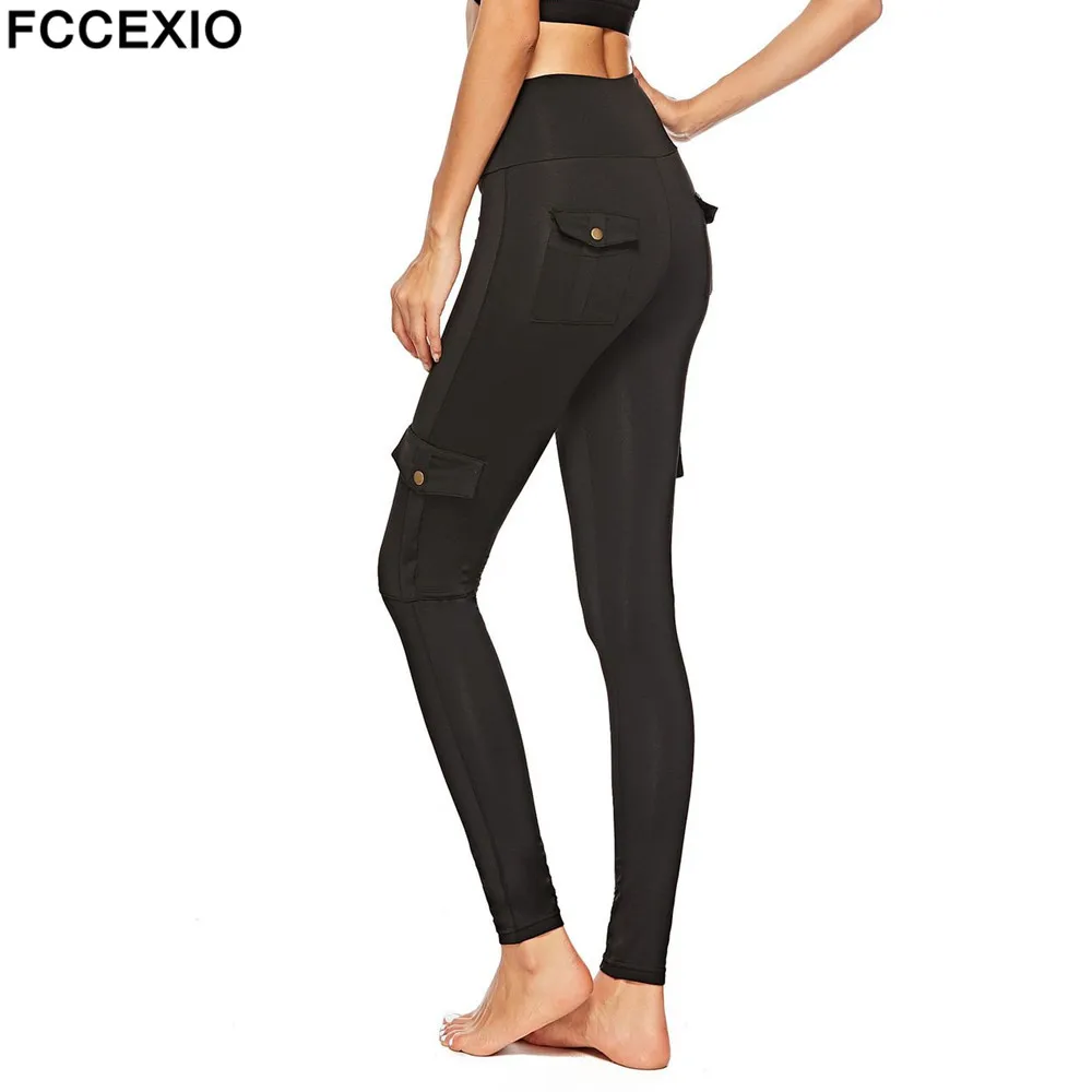 

FCCEXIO High Waist Black Pocket Women Leggings Fashion Workout Push Up Trousers Slim Breathable Fitness Leggings