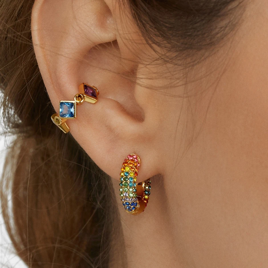 

pastel rainbow cz huggie hoop earring trendy classic hoops micro pave colorful stone fashion gold earrings