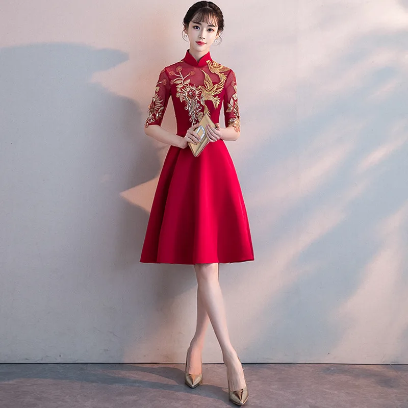 Chinese Red Qipao Oriental Styled Dresses Satin Chinese Style Silk Dress
