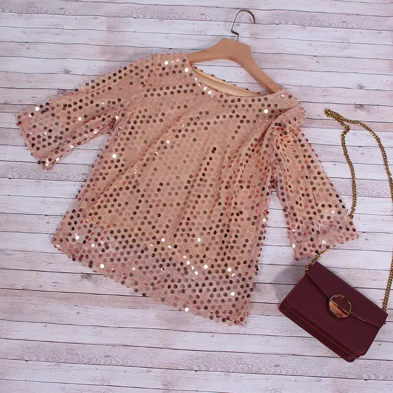 

Women's Sequin Half Sleeve Loose Blouses Tops O-Neck Pink Gold Shirts Plus Size 2019 Summer Autumn Streetwear Shirt Top Female