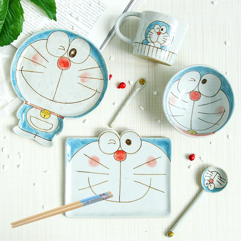 

7pcs/set Japanese Household Ceramic Tableware Set Jingle Cat Cute Robot Cat Cartoon Bowl Dish Mug Spoon Soup Bowl Fruit Plate