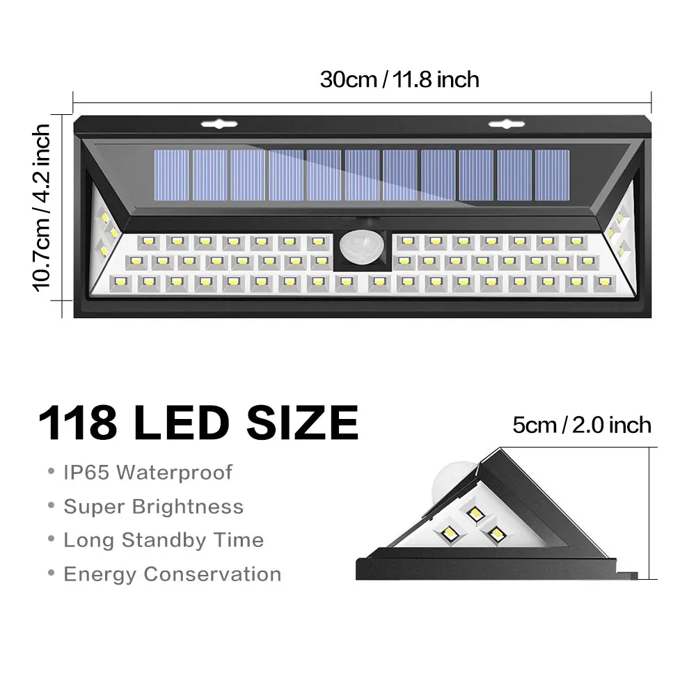 118 светодиодный солнечный свет 3 режима на открытом воздухе IP65 водонепроницаемый Солнечный садовый свет аварийная безопасность светодиодный солнечный светильник Настенный светильник