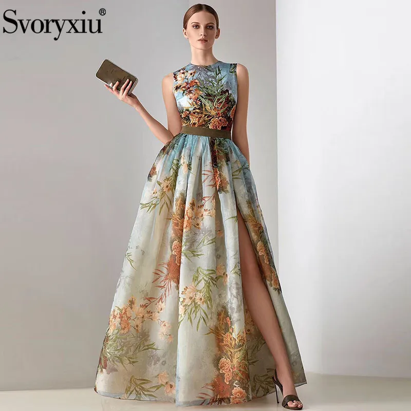 

Svoryxiu Elegant Runway Summer Party Maxi Dresses Women's Vintage Flower Print Split Sleeveless Long Dress Vestidos