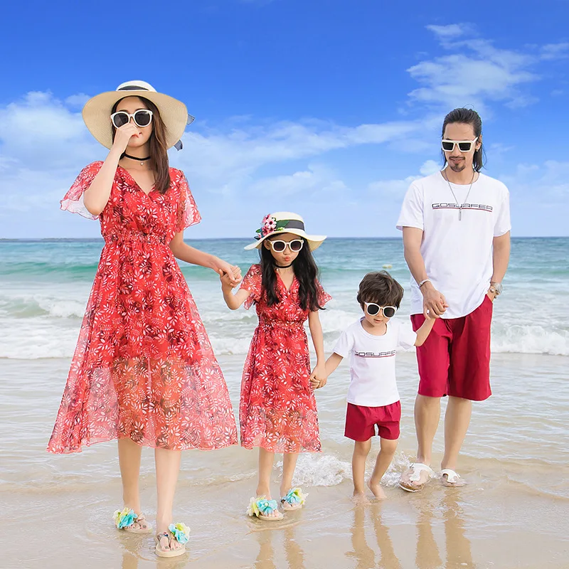 

Mama Baby Mother Daughter Bohemian Dresses Family Matching T Shirts+ Red Shorts Pants Chiffon Mom and Daughter Dress Clothes