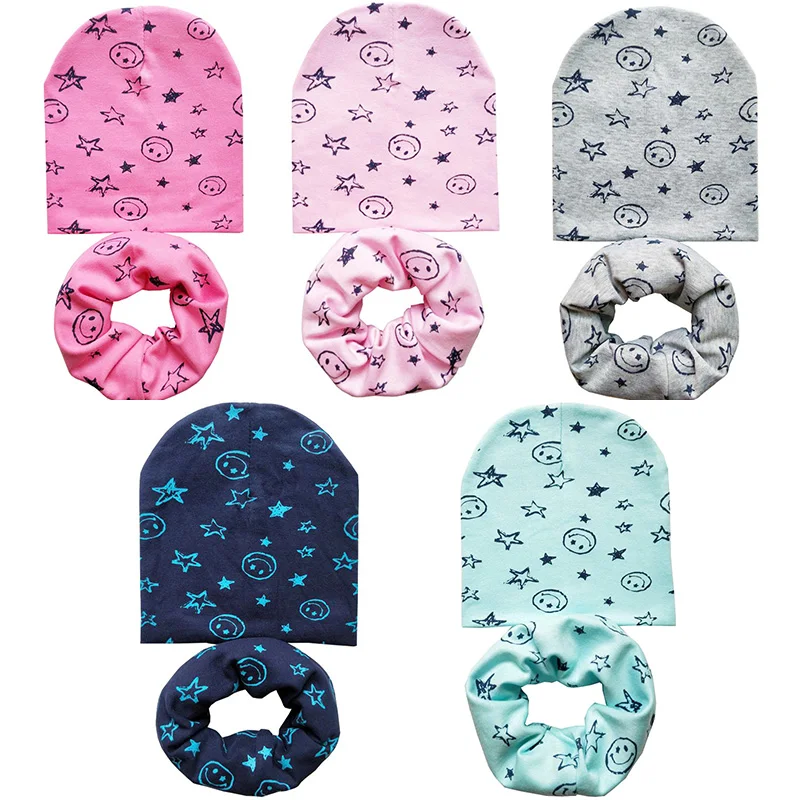 

Wholesale 10 set/lot Smile Print Boys Girls Hat Scarf Set Cotton Baby Hat Cap Children Beanies Cap