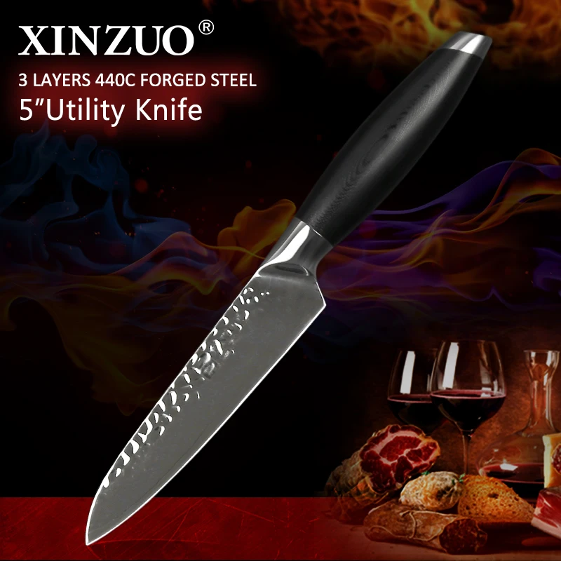 XINZUO 5" inch Utiliyt Knife 3 Layer 440C Core Damascus Kitchen