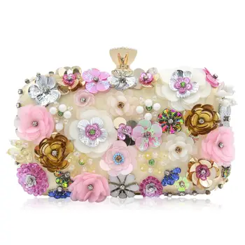 

High Quality Women Day Clutches Colorful Flower Beading Evening Bag Sequins Clutch Purse Rhinestone Dinner Party Makeup Handbags