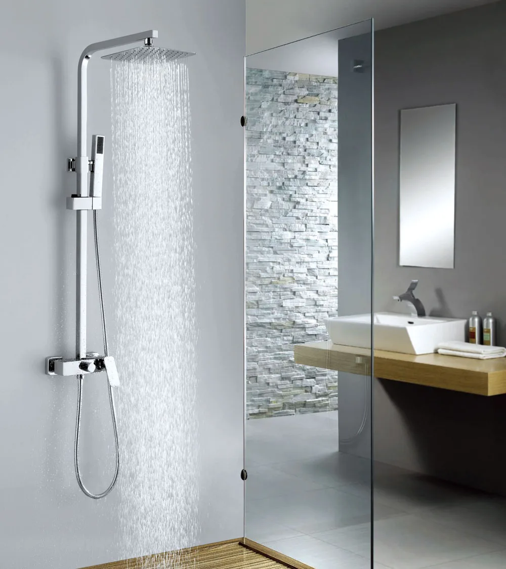 Lady Favorite Adjustable Brass Chrome Square Shower Rail Set +Mixer+8