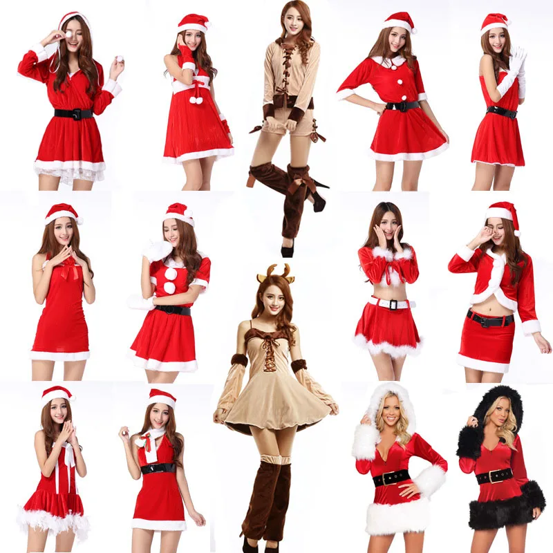 Girls Christmas Costumes Reindeer Cosplay Sexy Maid Waitress Uniforms Women Dress Red Clothing Set (2)