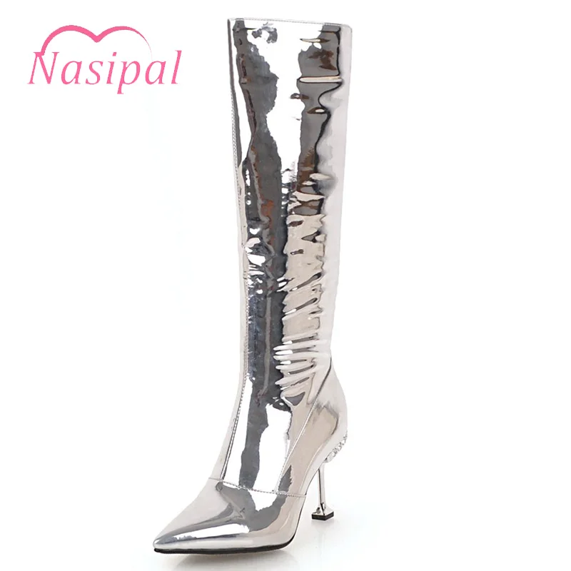 

Nasipal Side Zipper Knight Boots Women Winter Warm Shoes Fashion High Heel Knee High Riding Boots Lady Pointed Black White Boots