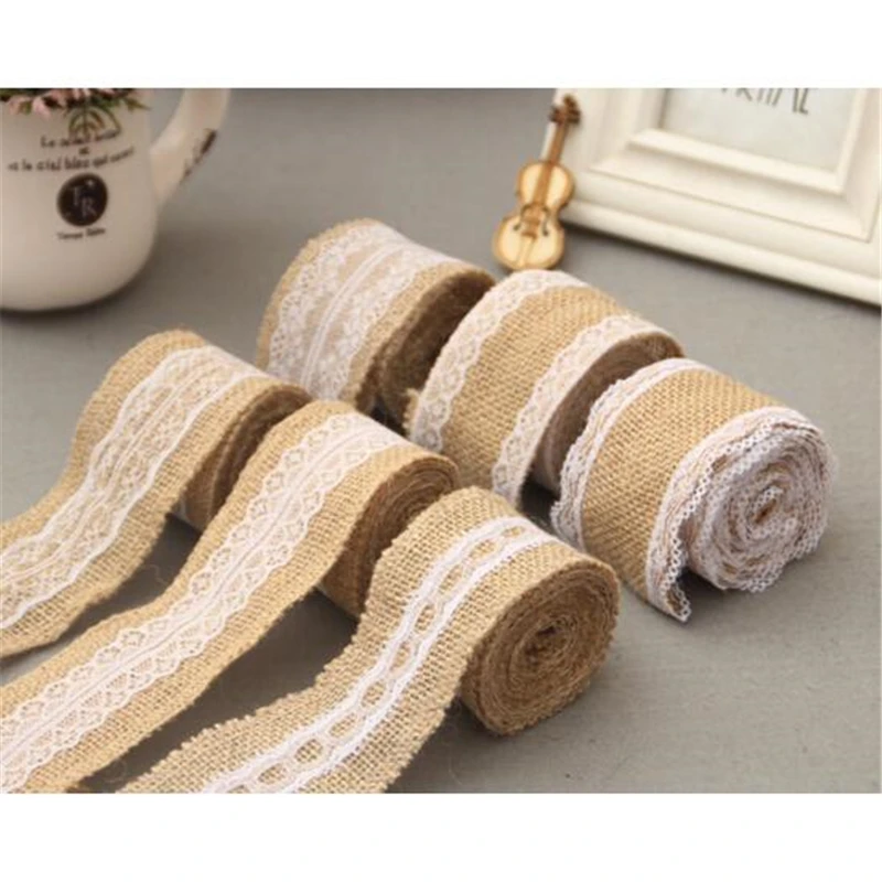2Meter/Pcs Width 5cm Jute Burlap Rolls Hessian Ribbon With Lace Vintage Rustic Wedding Decoration Ornament Burlap Wedding Favor