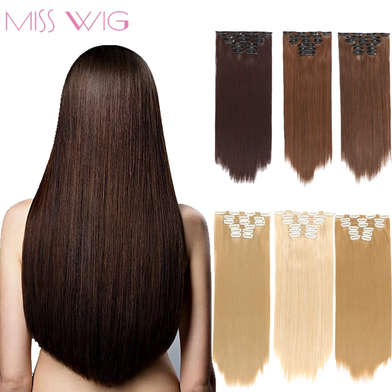 MISS WIG 60cm Long Straight Clip in Hair Extensions Black Brown 6pce/set 16 clip in High Hair Piece Tempreture Synthetic