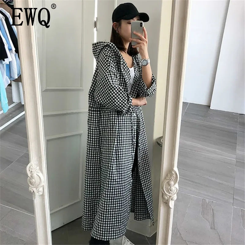 

[EWQ] 2019 New Korean Style Women Long Shirts Casual Cotton Fashion Loose Hooded Plaid Blouses Long-sleeved Wild Shirt Female