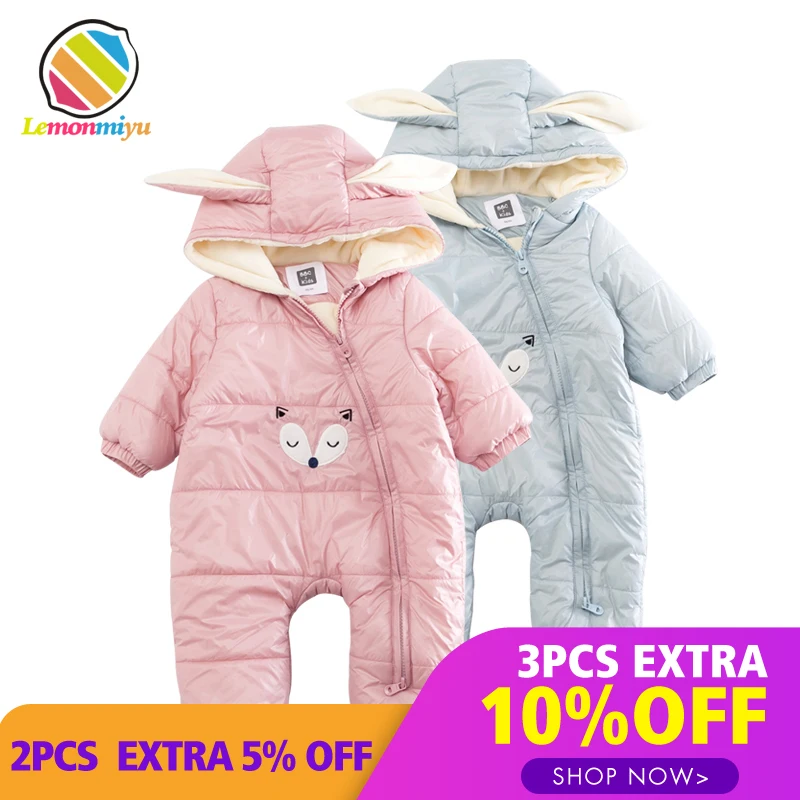  Lemonmiyu Baby Winter Warm Rompers Cartoon Zipper Full Thicken Infants Outwear Rabbit Hooded Plus V