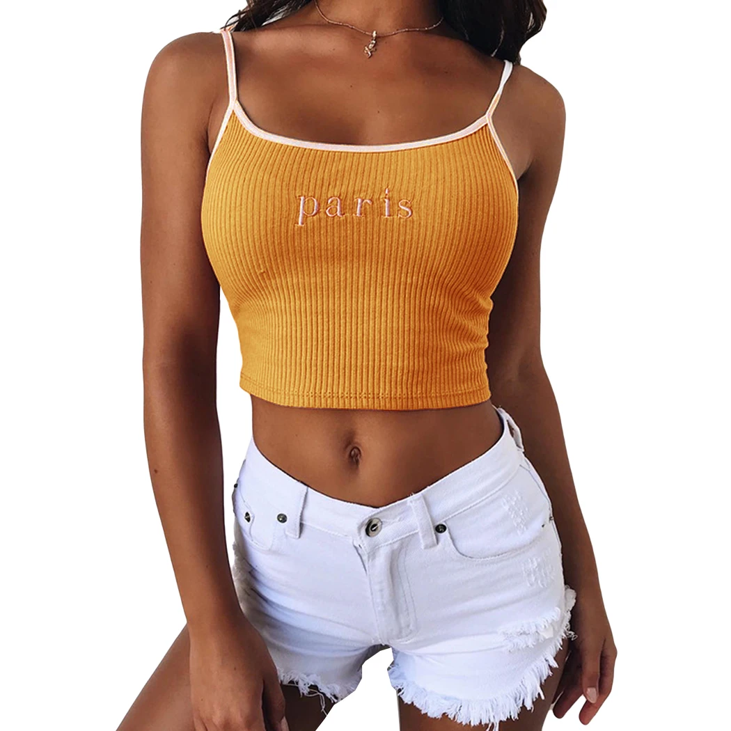 Sexy Women Crop Top Summer Letter Embroidery Strap Tank Tops Cropped 