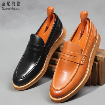 

2017 Italian style pointed toe slip on real leather comfortable loafers Black/Brown color platform flats leather shoes men EU44