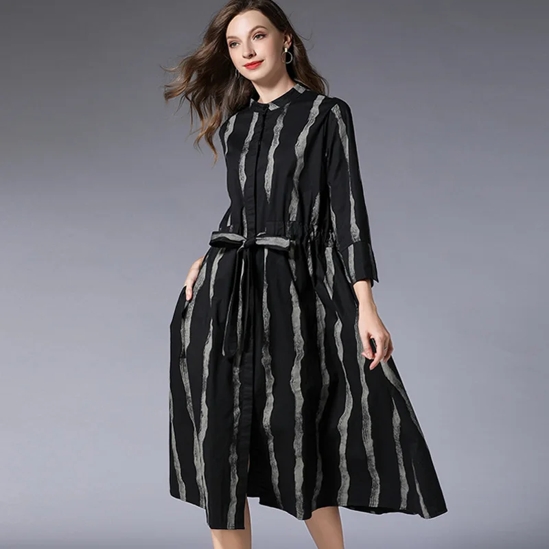 

LANMREM 2019 New Fashion Striped Print Drawstring Waist Shirt Type Dress Female's Long Sleeve Stand Collar Clothes Vestido YF905