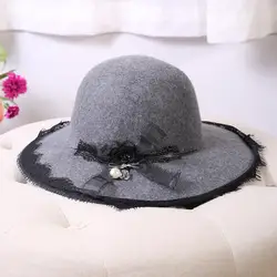 2018 большой кружева Брим Панама Англия Для женщин осень фетровая шляпа Элегантная Дамская зимняя теплая шапка повседневная женская обувь