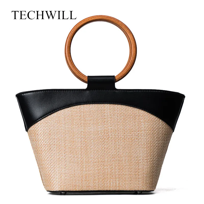 2017 Luxe Brand Women Straw Bag Fashion Beach Straw Handbags Tote Wood Bag Summer Unique Ladies