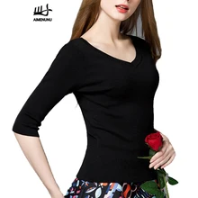 AIMENUNU уличная черная трикотажная футболка для женщин v образным вырезом Половина рукава Топ осень футболки Тонкий Повседневный свитер