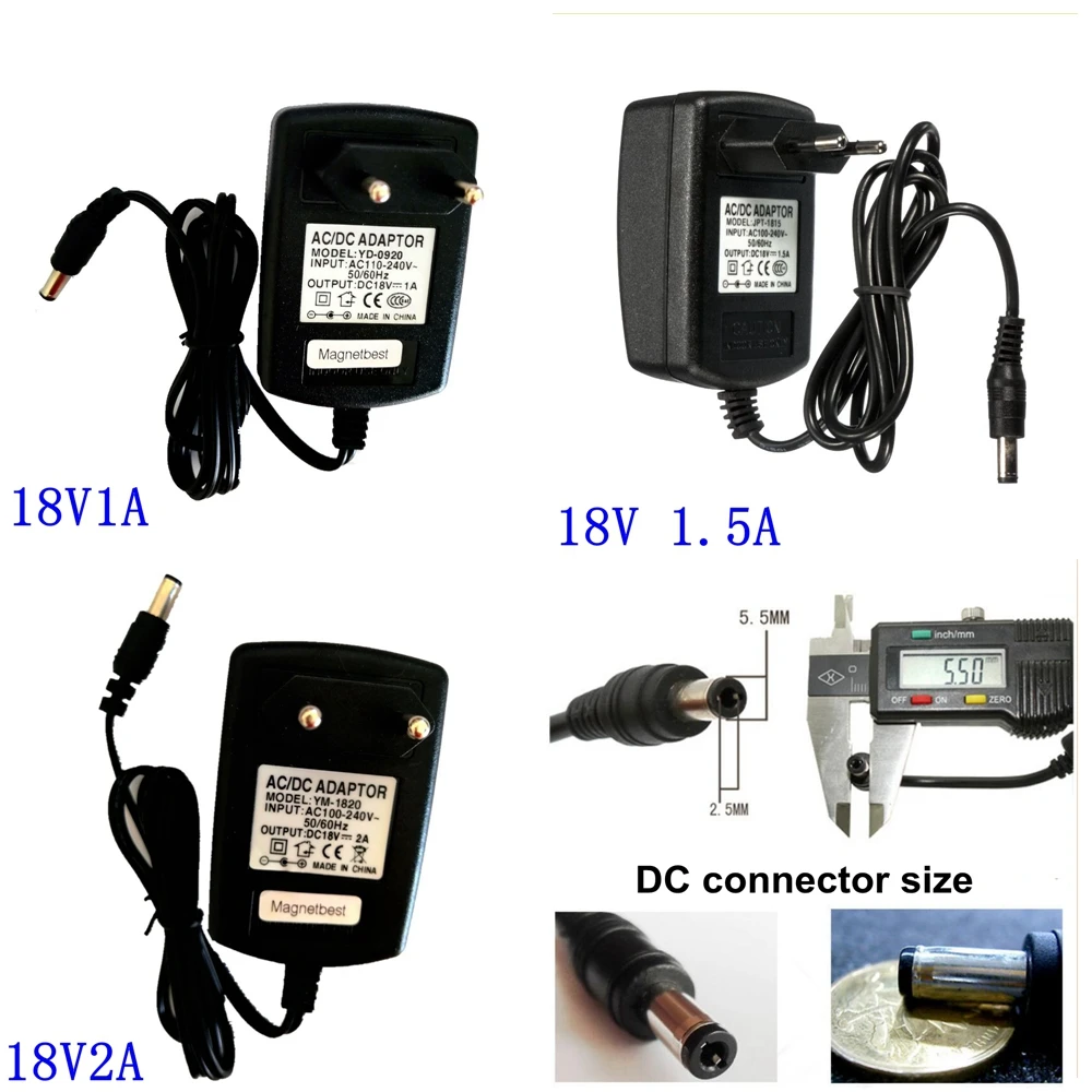 18V AC 100 V-240 V адаптер преобразователя в DC 18V 1A 1.5A 2A импульсный источник питания зарядное устройство ЕС США вилка 5,5mm x 2,1/2,5mm