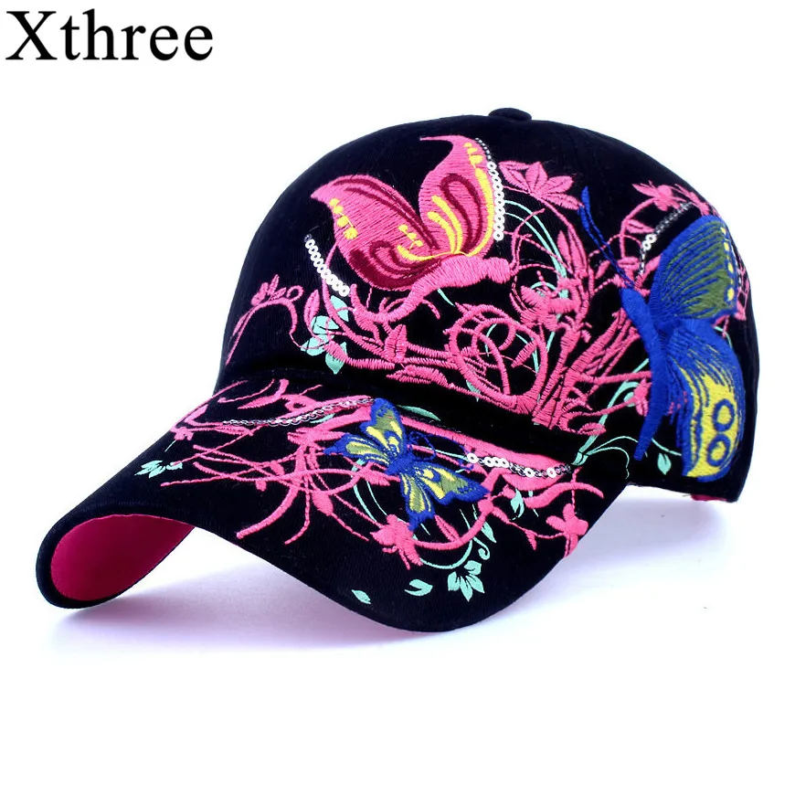Xthree عالية الجودة البيسبول قبعة الفراشات و الزهور التطريز القطن قبعات عارضة القبعات snapback كاب أزياء للنساء