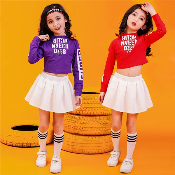 

Kids Jazz Dance Costume Red Purple Sweater shirts skirts Street Dance Stage Performance Clothing Child Cheerleader Hiphop Outfit