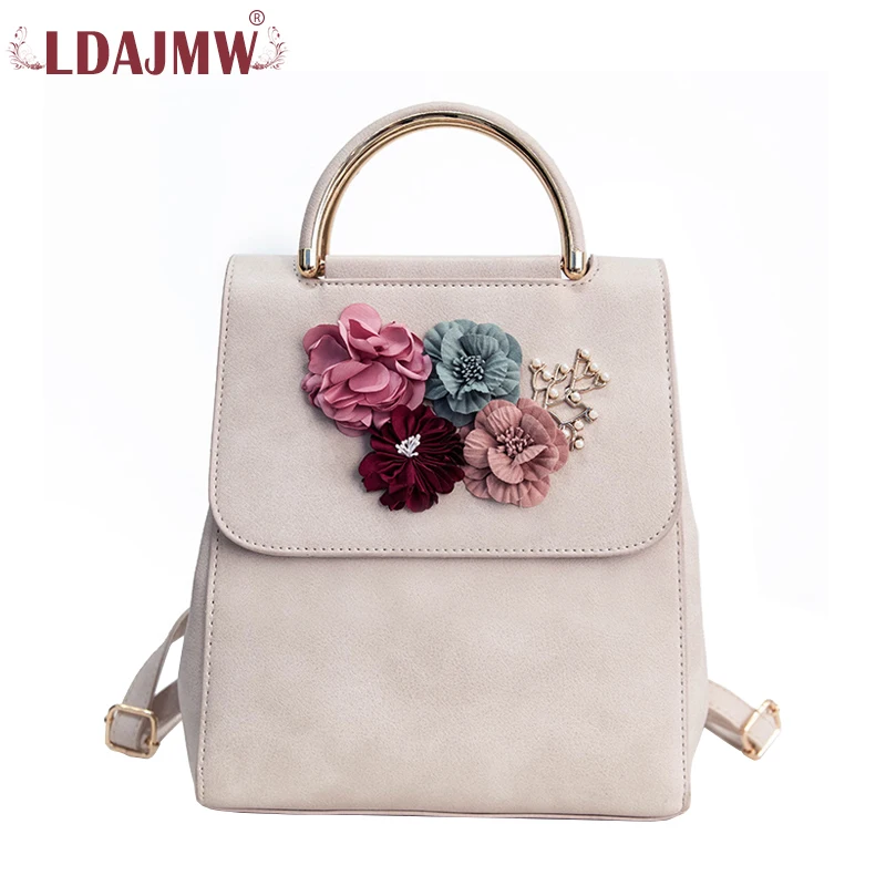 

LDAJMW Brand Leather Flowers Female Backpack For Teenager Girls School Bag High Quality Shoulder Bags For Women Mochila Feminina
