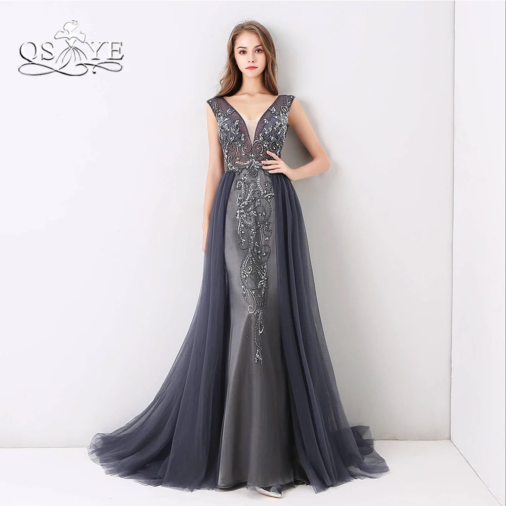 

QSYYE Sparking Beading Long Prom Dresses 2018 New Arrival Sexy V Neck Open Back Tulle Formal Evening Dress Party Gown