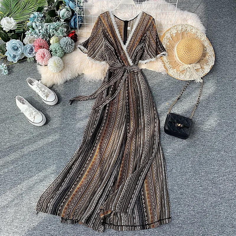 

womens jumpsuit Striped Female Rompers Bow Belt V-Neck Summer Fashion women long accept waist chiffon wide-legge drobe jumpsuits