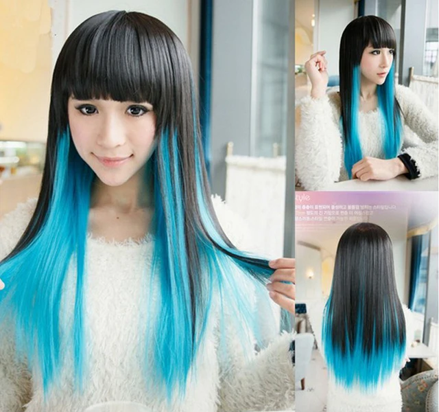 Straight Long Young Synthetic Hair Wigs Black Blue Color Harajuku Anime  Long Cosplay Wig With Bangs Ombre Wig For Japanese Anime - Unknown -  AliExpress