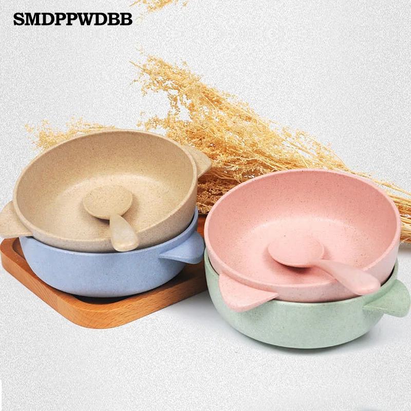 

SMDPPWDBB 2pcs Toddler Baby Kids Child Feeding Training Bowl Spoon Binaural Baby Feeding Bowl Tableware Children Plate Bowl