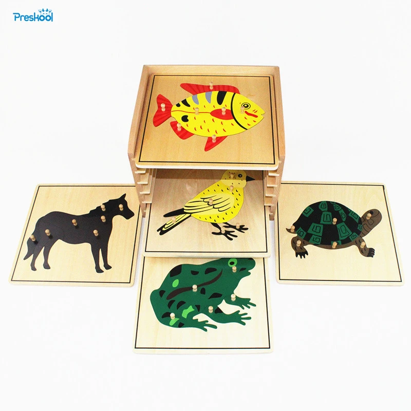 モンテッソーリ 幼児向けの科学文化資料,動物パズルキャビネット,5つの動物パズル,就学前教育用木のおもちゃ|animal puzzle|puzzles  for childrenpuzzles for children wood - AliExpress