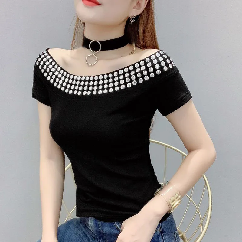 

Off Shoulder Top T Shirts Women 2019 Summer Slash Neck Diamond Tshirt Short Sleeve Slim Womens Clothing T-Shirt camisetas mujer