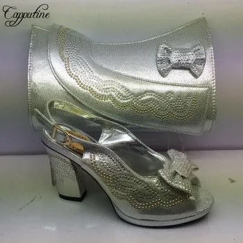 

Capputine 2019 Latest Silver Color Rhinestone Shoes And Bag Set For Dress Italian Square Heels Shoes And Bag To Match Set BL295C