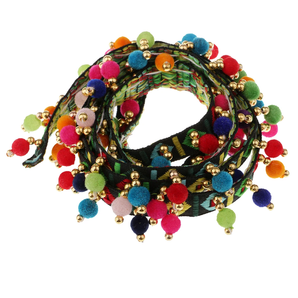 2Pcs Tassel Fringe Trim Ribbon Handmade Rainbow Pom Pom Ball Fringe Trim Ribbon Sewing Fabric DIY Craft Supplies
