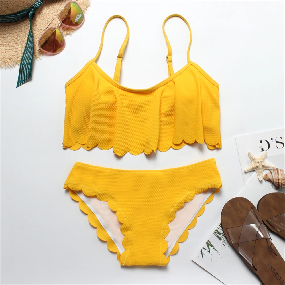 

Scallop Bathing Suit Women Swimming Suit 2019 Yellow Bikini Ruffle Girls Push Up Swimsuit Beach Women Swimwear Biquinis Feminino