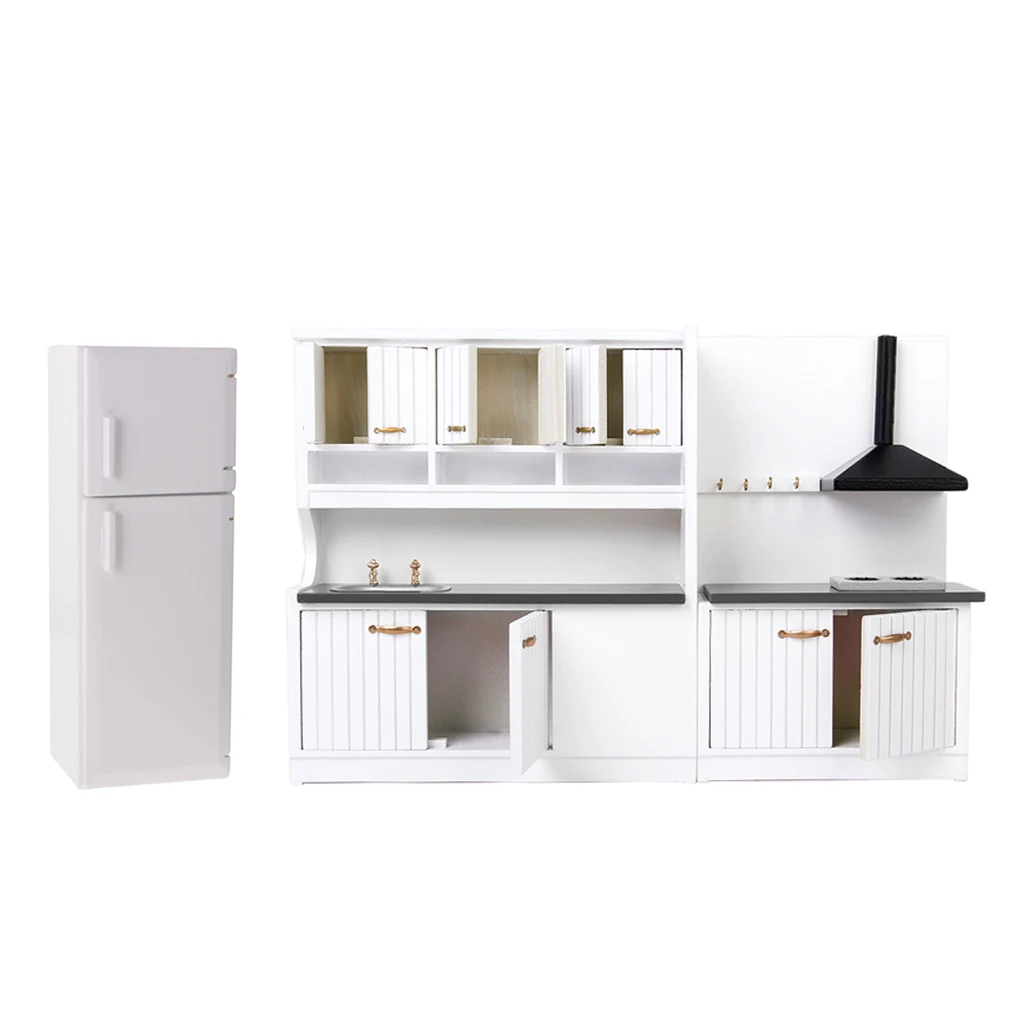 1/12 Dollhouse Miniature Wood Kitchen Cabinet Fridge Furniture Kit Accessory Suitable for 1:12 miniature dollhouse White