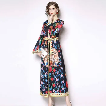 

Beach Sexy Women Long Maxi Long Sleeved Dress V Neck Floral Print Beach Party Evening Maxi Dress With High Quality 5ZC0151