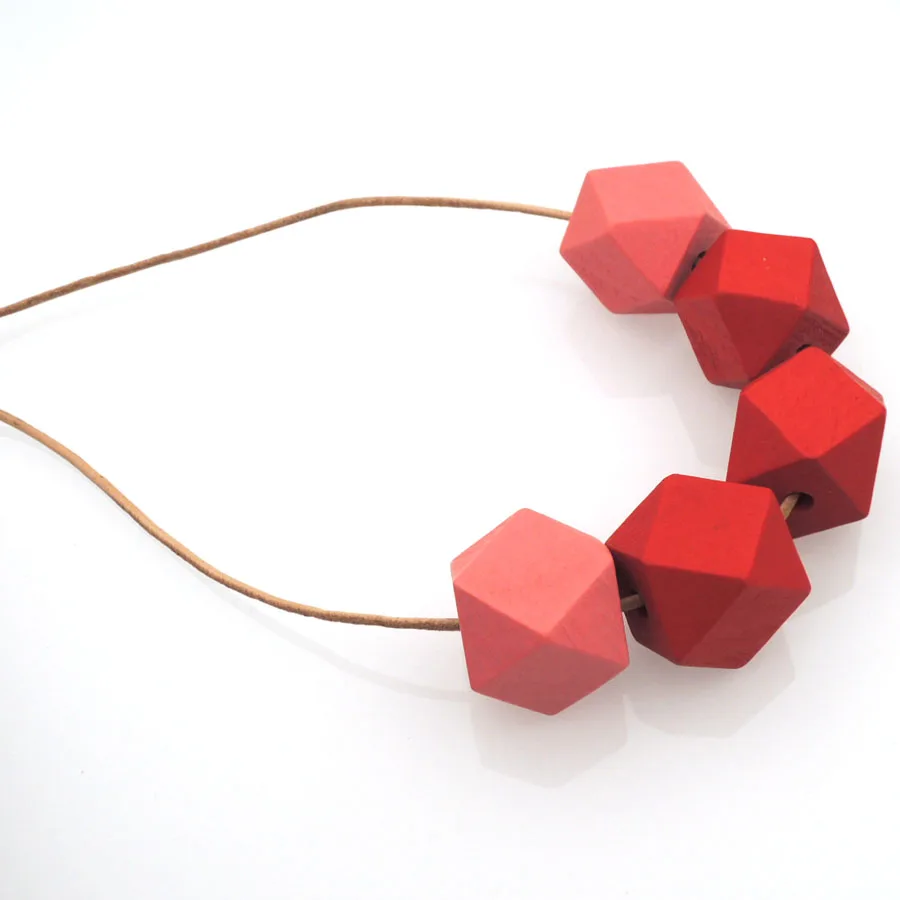 

FADE RED wood Geometric necklace with Beaded milimalist statement leather cord everyday NW090