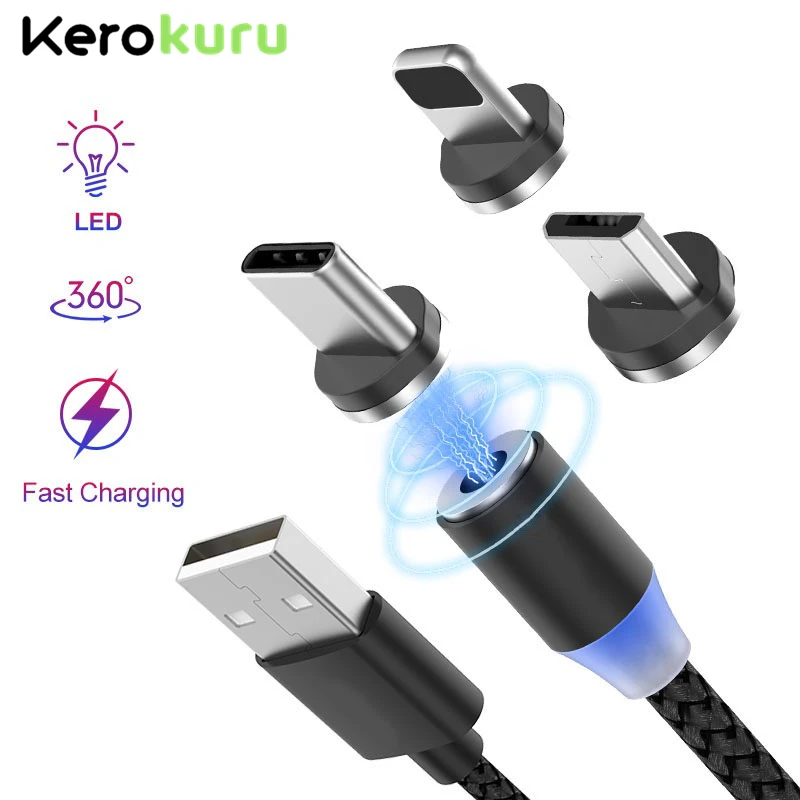 

Kerokuru 2.4A Upgrade 1M Metal Magnetic Cable 1M LED Lighting 3in1 Micro Type C Cable for Iphone Android Phone Cable Fast Charge