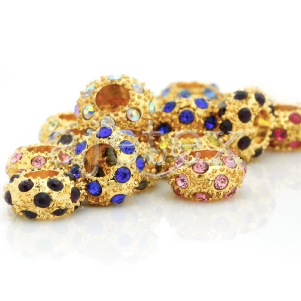 5Pcs Colorful Assorted on Gold Rondelle Beads 12mm Garment European