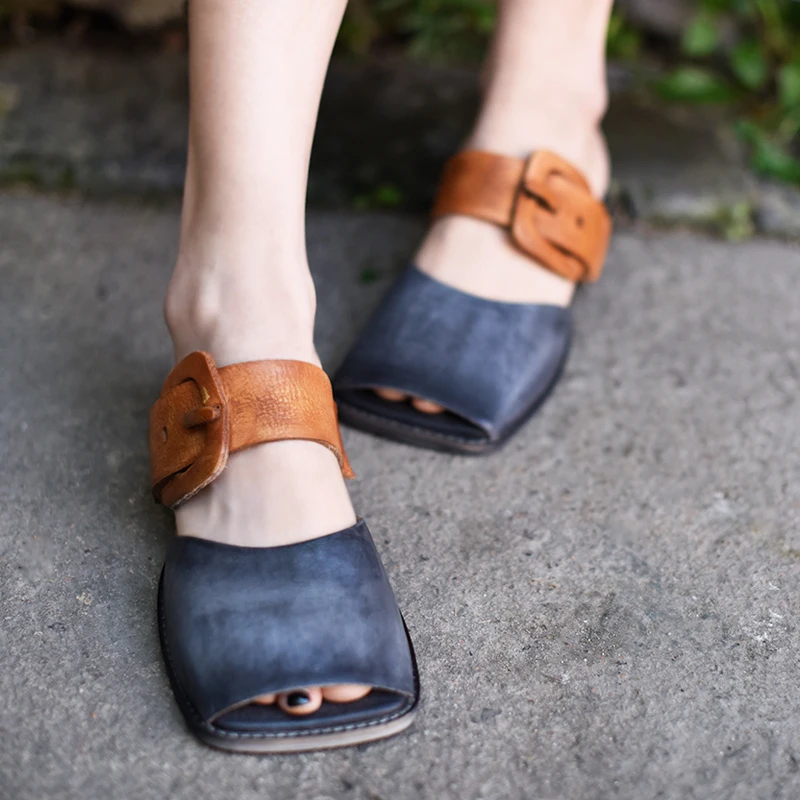 

Artmu Original Women Slippers Shoes Belt Buckle Peep Toe Square Toe Shoes Handmade Genuine Leather Outside Wear Sandals Fashion