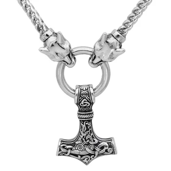 

Men stainless steel viking oidn wolf head with thor hammer MJOLNIR pendant necklace -Dragon Chain